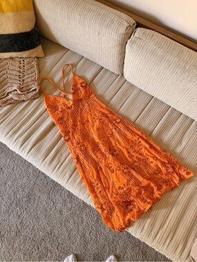 Beaded Orange Spaghetti Strap Slip Dress